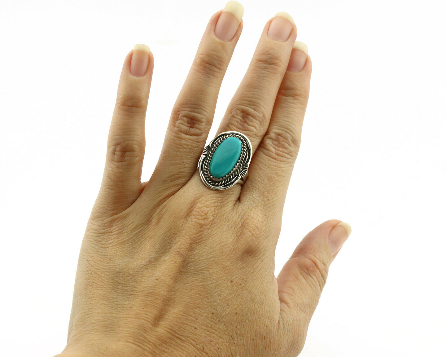 Navajo Ring .925 Silver Blue Turquoise Signed M Begay C.1980's