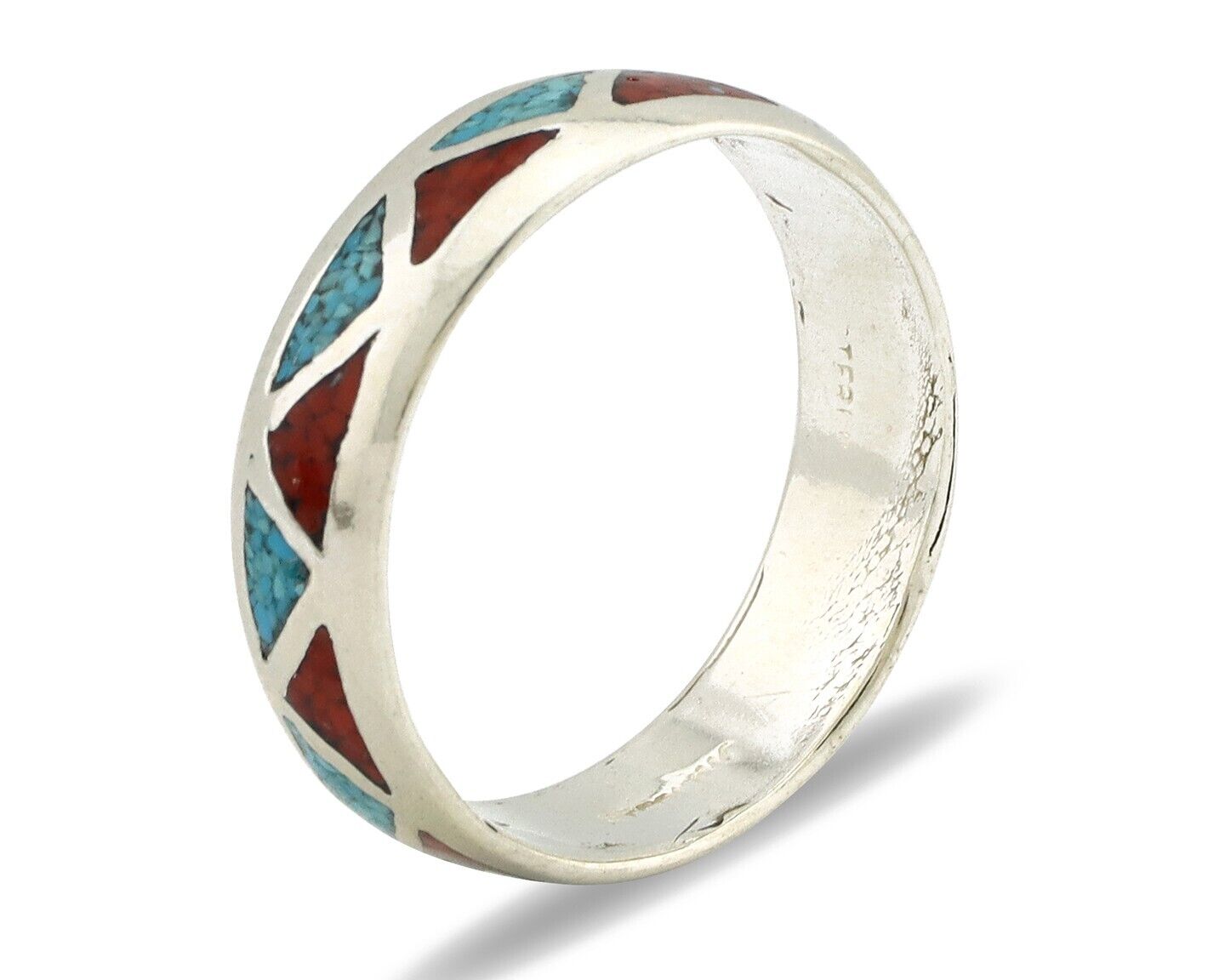 Navajo Chip Inlay Ring 925 Silver Sleeping Beauty Turquoise & Coral Silver Cloud
