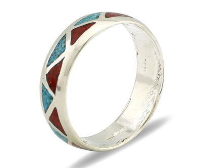 Navajo Chip Inlay Ring 925 Silver Sleeping Beauty Turquoise & Coral Silver Cloud