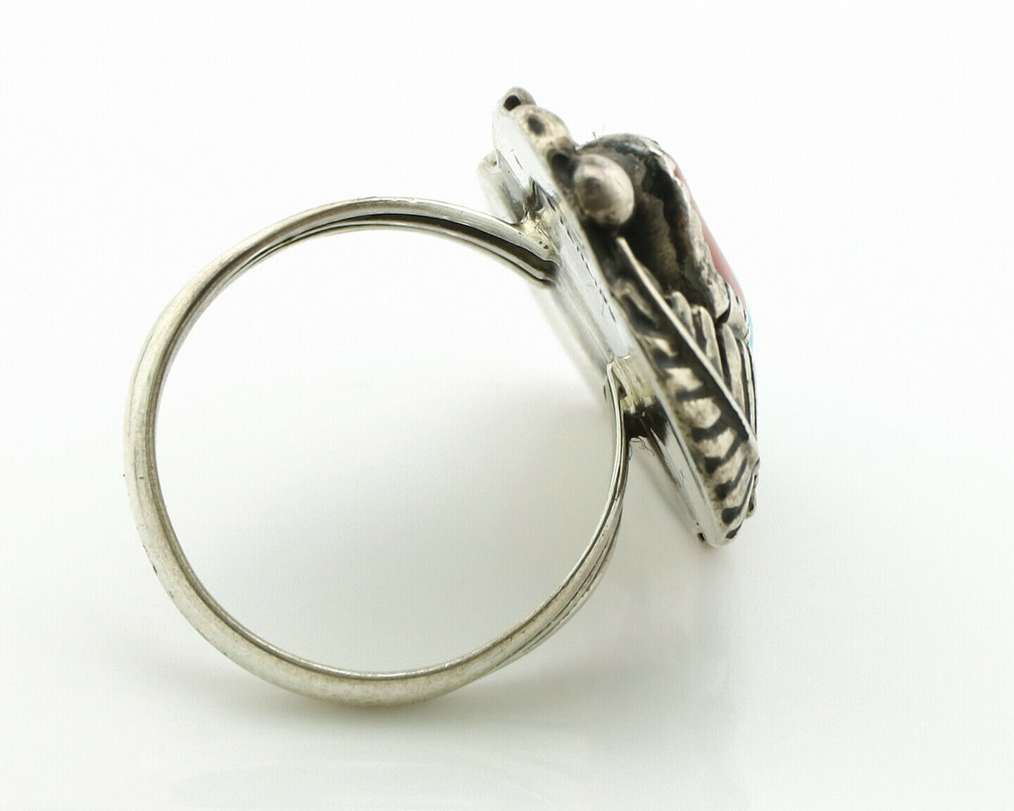Navajo Ring .925 Silver Turquoise & Coral Artist Signed Thomas Singer C.80's