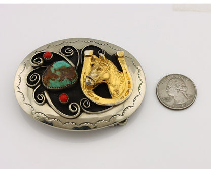 Navajo Eagle Head Belt Buckle .999 Nickle Turquoise & Coral Native Artist C80s