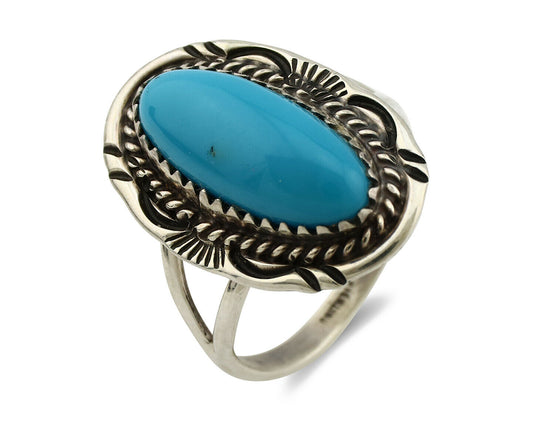 Navajo Ring .925 Silver Sleeping Beauty Turquoise Artist Signed Anna Begay C80s