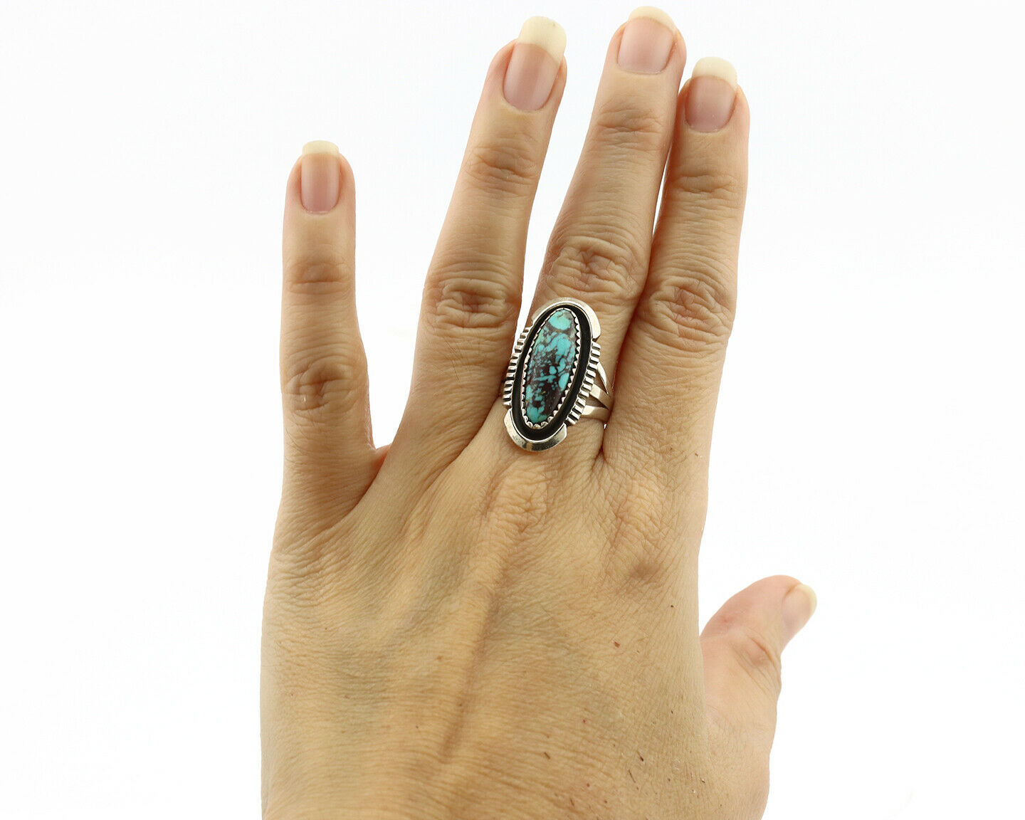 Navajo Ring .925 Silver Spiderweb Turquoise Artist Signed B C.1980's