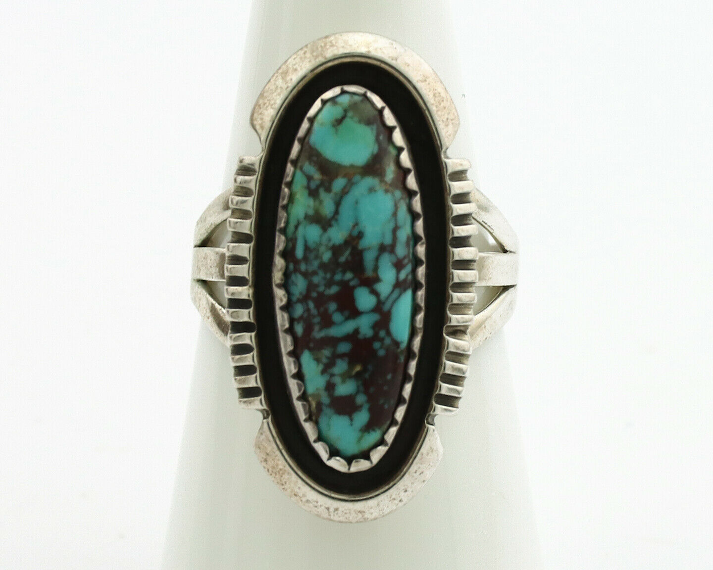 Navajo Ring .925 Silver Spiderweb Turquoise Artist Signed B C.1980's