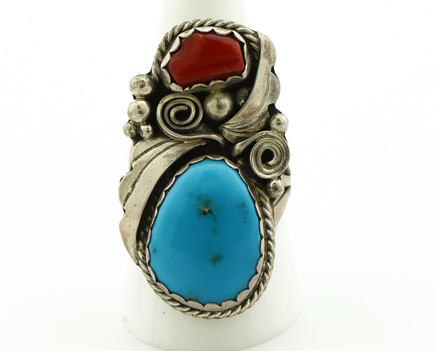 Navajo Ring .925 Silver Turquoise & Coral Artist Signed Justin Morris C.80's