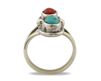 Navajo Handmade Ring 925 Silver Coral & Turquoise Native American Artist C.80's