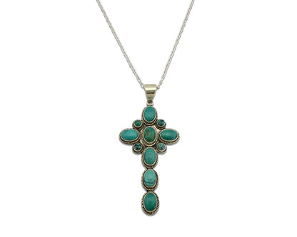Navajo Cross Necklace .925 Silver Blue Green Turquoise Signed RB C.80's