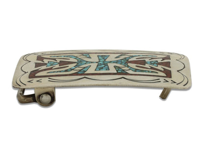 Navajo Belt Buckle 925 Silver Handmade Chip Inlay Native American Artist C.80s