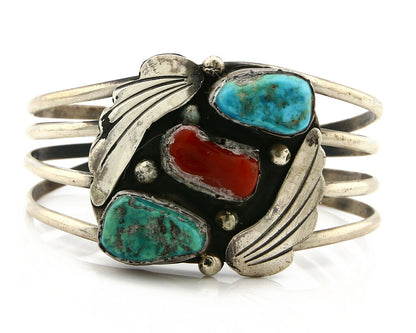 Navajo Bracelet .925 Silver Coral & Turquoise Artist Native American C.1975