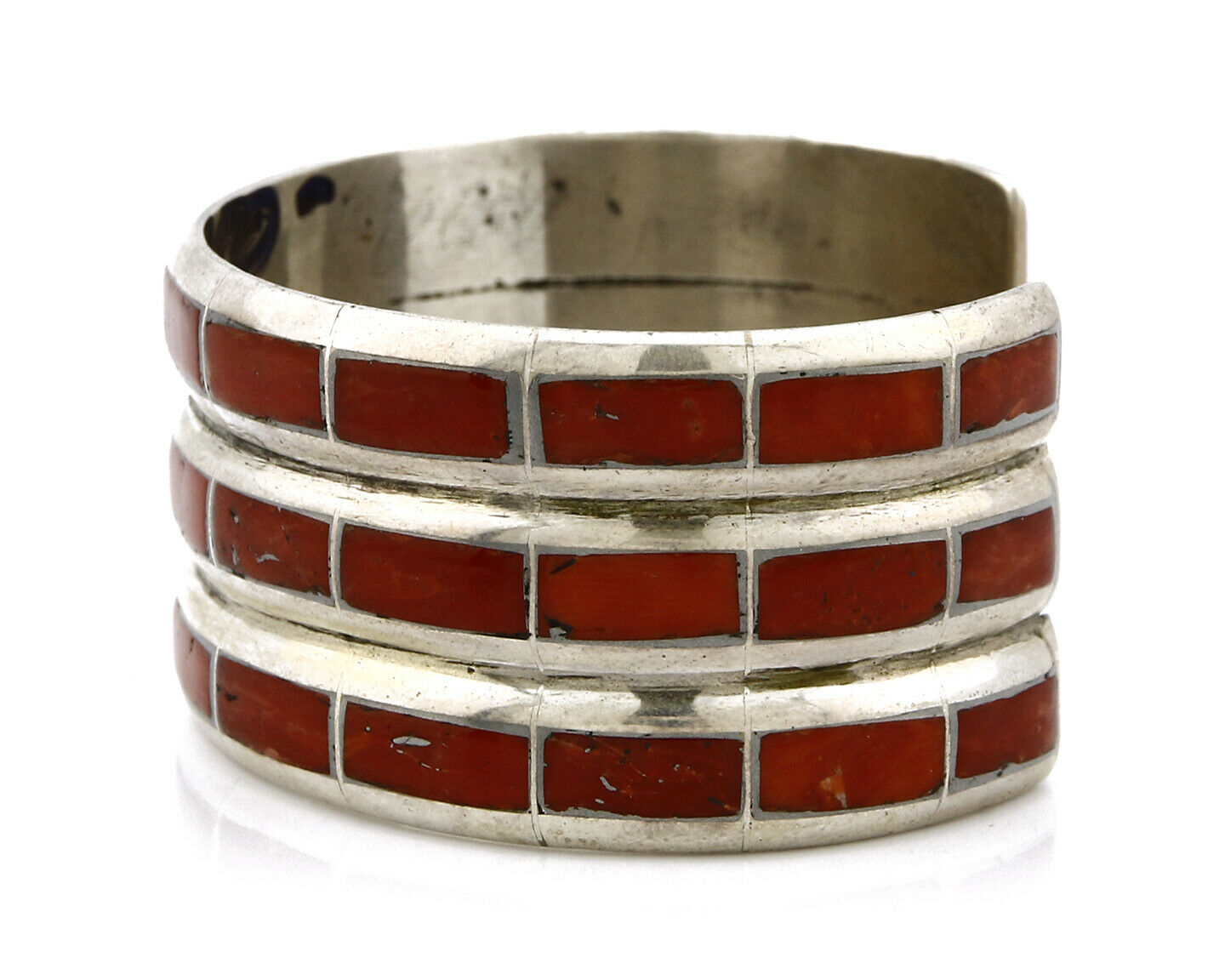 Women's Zuni Bracelet Inlaid Coral .925 Silver 3 Row Natural Mined C.80's