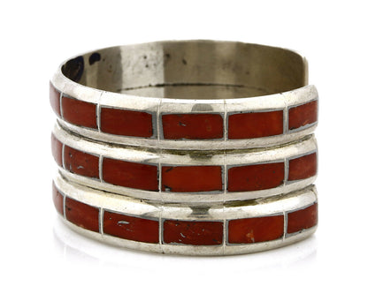 Women's Zuni Bracelet Inlaid Coral .925 Silver 3 Row Natural Mined C.80's