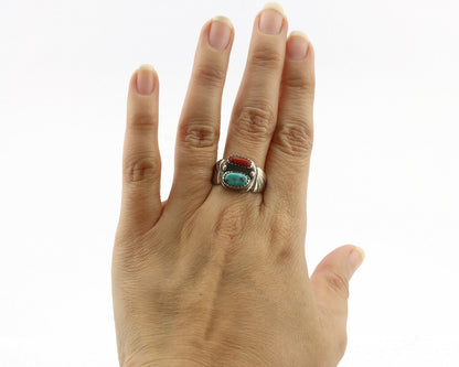 Zuni Ring .925 Silver Natural Turquoise & Coral Native American Artist C.1980's