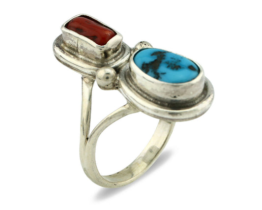 Navajo Ring .925 Silver Red Coral & Blue Turquoise Native Artist C.80's