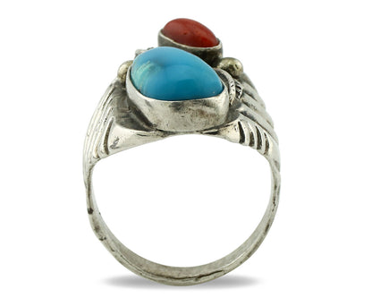 Navajo Ring 925 Silver Coral & Easter Blue Turquoise Native Artist C.1980's