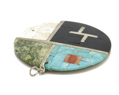 C. 1980's Santa Domingo Natural Gemstone Inlaid Handmade .925 Silver Pendant