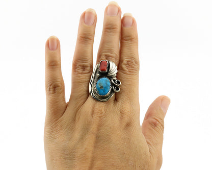 Navajo Ring 925 Silver Turquoise & Coral Artist Signed Native American C.80s