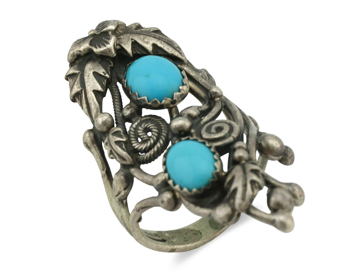 Navajo Ring .925 Silver Sleeping Beauty Turquoise Signed Prairie Fire C.80's