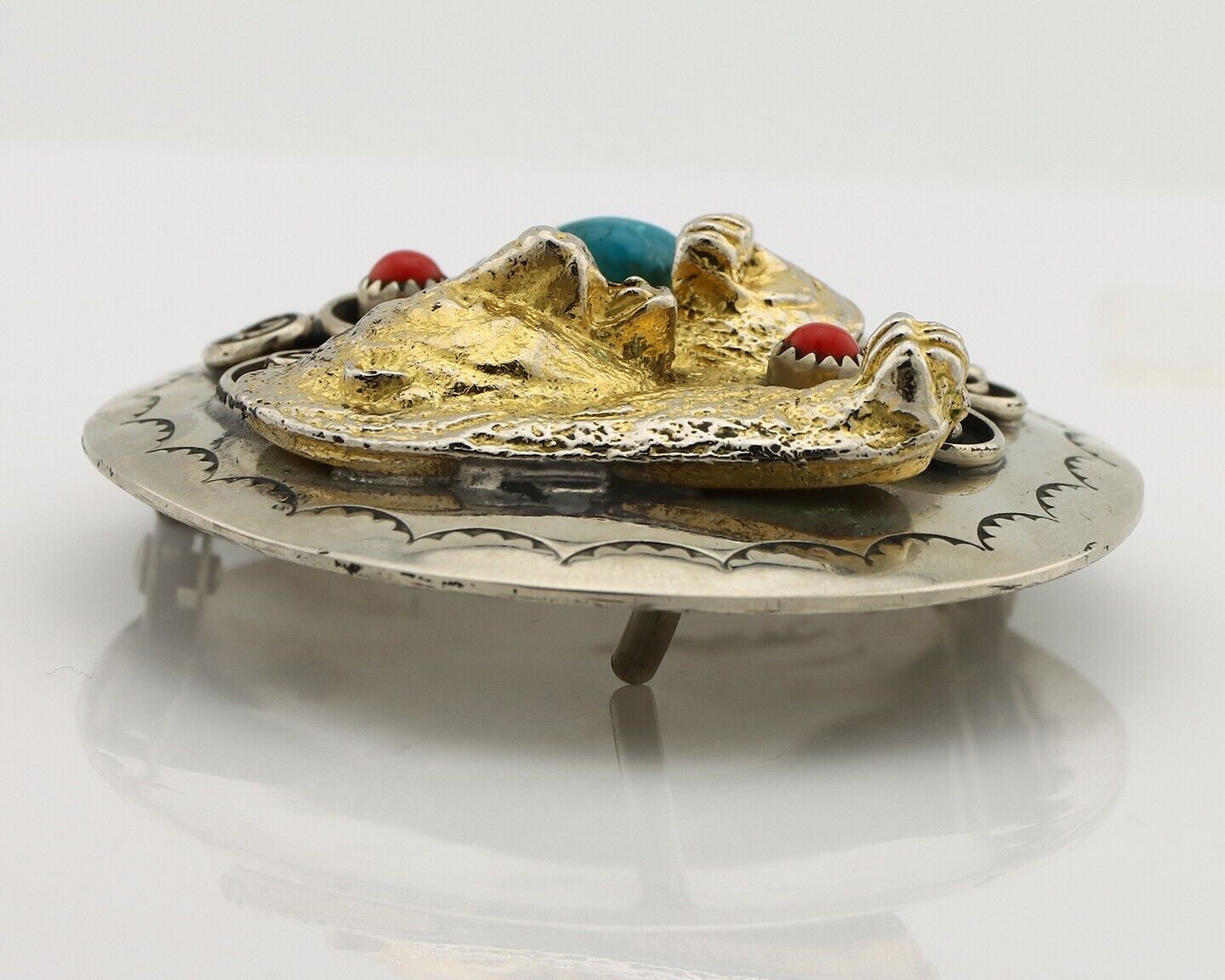 Navajo Eagle Head Belt Buckle .999 Nickle Turquoise & Coral Native Artist C80s