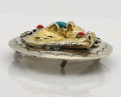 Navajo Eagle Head Belt Buckle .999 Nickle Turquoise & Coral Native Artist C80s