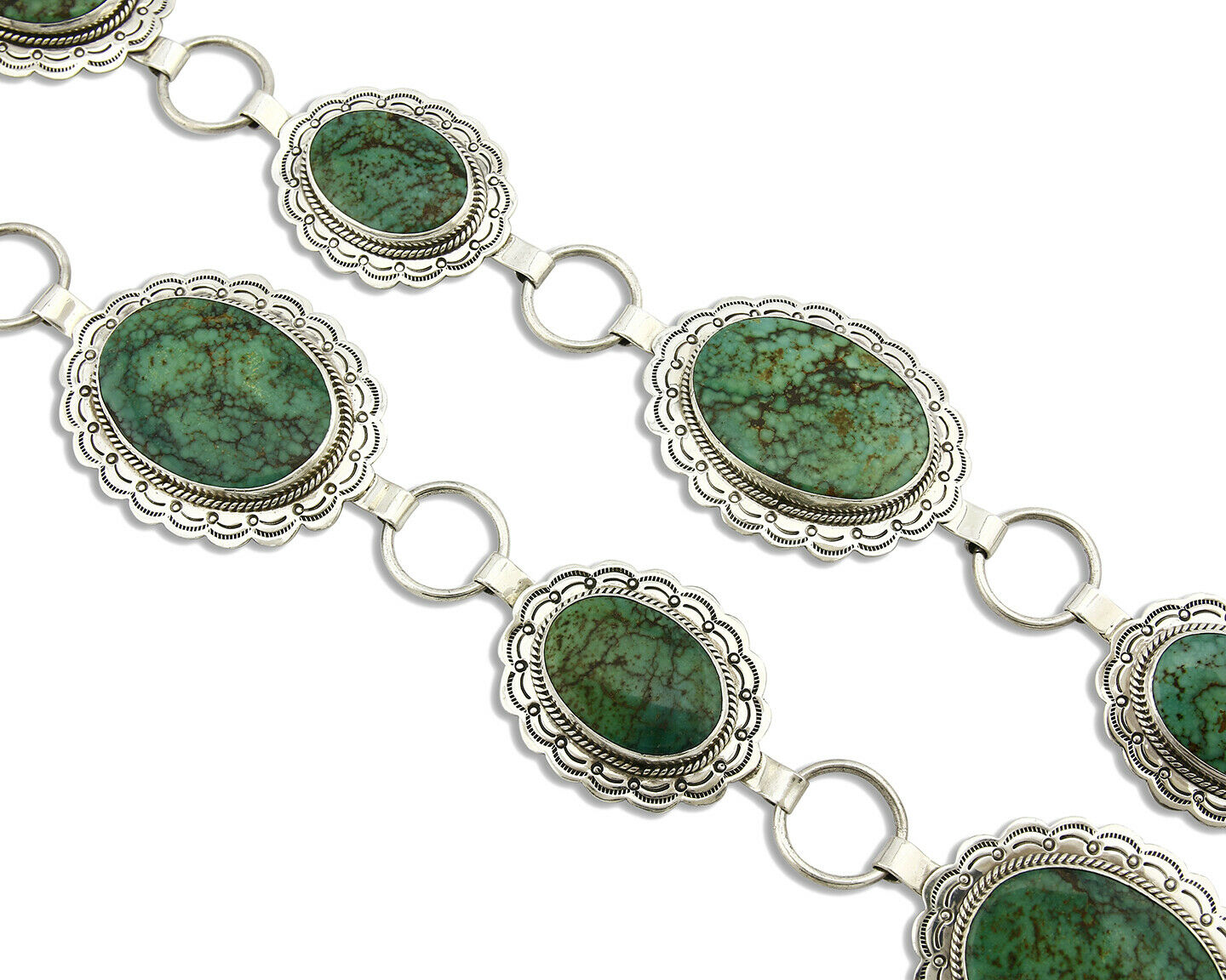 Navajo Concho Belt .925 Silver Turquoise Hand Stamped Signed JM C.80's