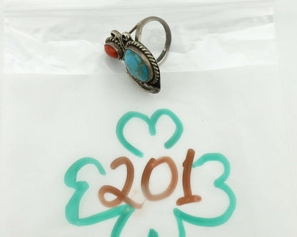 Navajo Ring .925 Silver Turquoise & Coral Native American Artist C.1975's