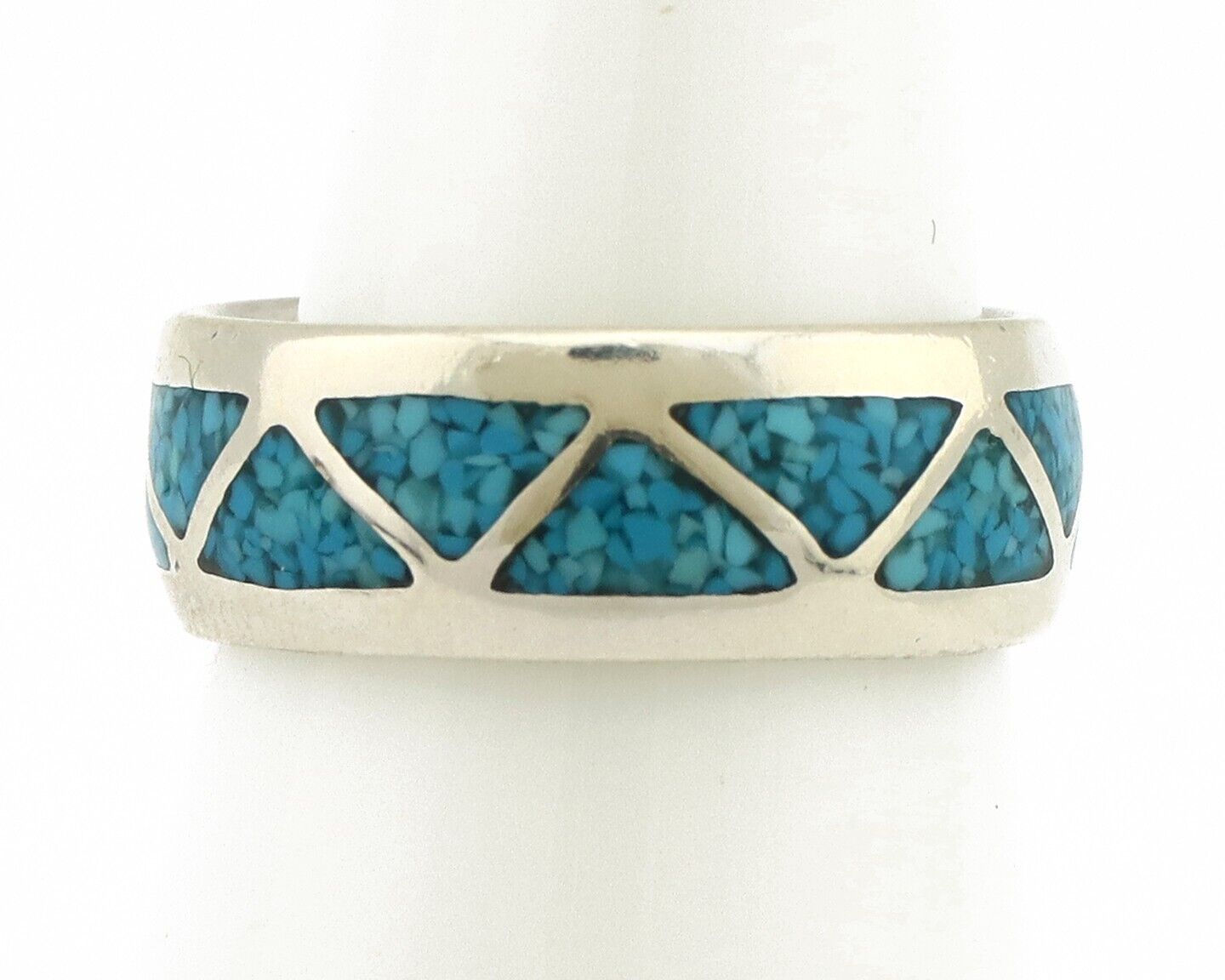Navajo Chip Inlay Ring 925 Silver Sleeping Beauty Turquoise Artist Silver Cloud