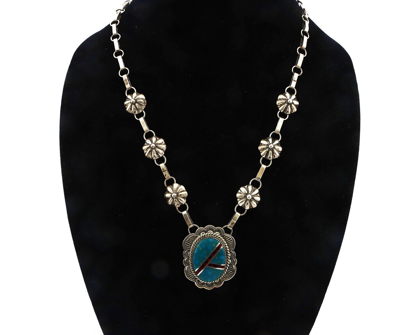 Navajo Necklace 925 Silver Blue Gem Turquoise, Onyx, Coral Signed M Begay C.80's