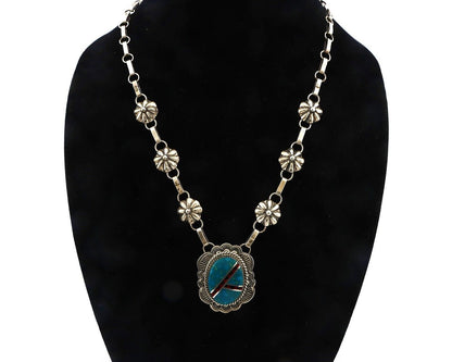 Navajo Necklace 925 Silver Blue Gem Turquoise, Onyx, Coral Signed M Begay C.80's