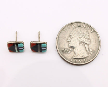 Zuni Earrings 925 Silver Natural Gemstones & Turquoise Native Artist C.80's