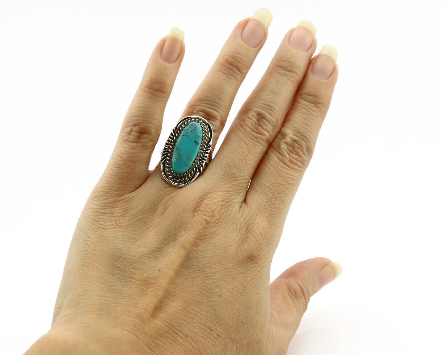 Navajo Ring .925 Silver Natural Blue Turquoise Artist Signed Talhat C.1980's