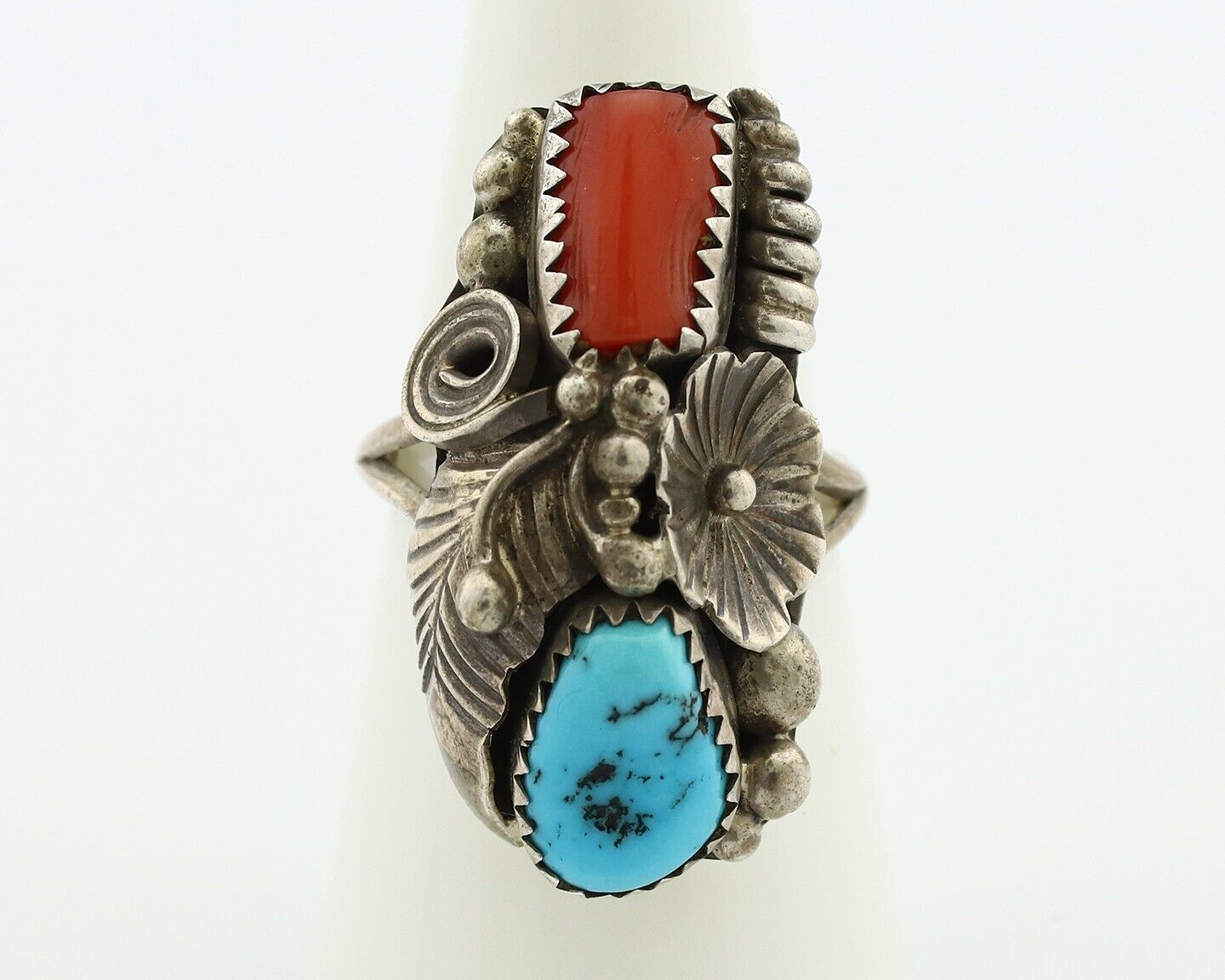 Navajo Handmade Ring 925 Silver Turquiose & Coral Native American Artist C.80's