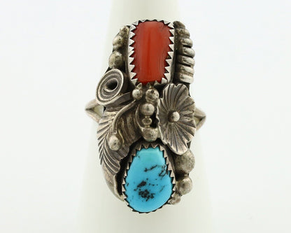 Navajo Handmade Ring 925 Silver Turquiose & Coral Native American Artist C.80's