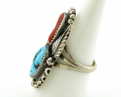 Navajo Ring .925 Silver Turquoise & Coral Artist Signed Thomas Singer C.80's