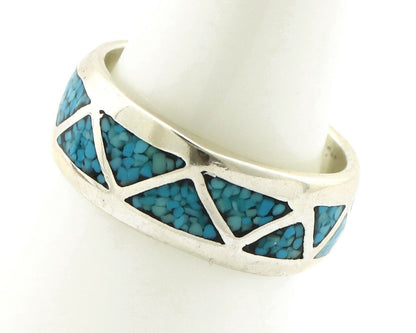 Navajo Chip Inlay Ring 925 Silver Sleeping Beauty Turquoise Artist Silver Cloud