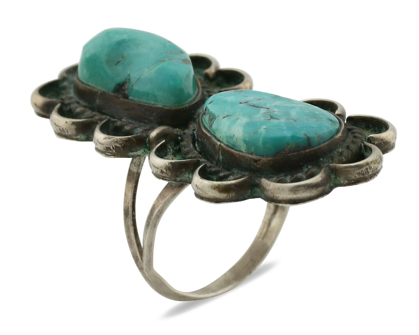 Navajo Ring .925 Silver Globe Turquoise Hand Stamped Native American Artist C80s