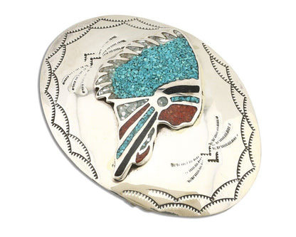 Navajo Belt Buckle 925 Silver Handmade Chip Inlay Artist Signed CP C.80s