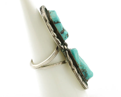 Navajo Ring .925 Silver Globe Turquoise Hand Stamped Native American Artist C80s