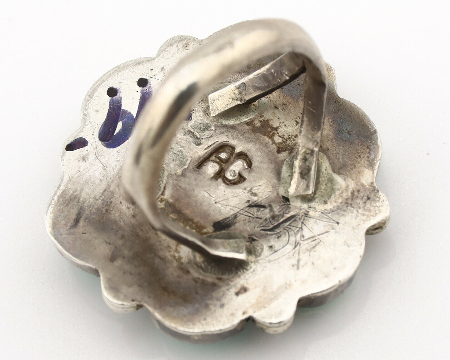 Navajo Ring .925 Silver Kingman Turquoise Artist Signed AG C.80's