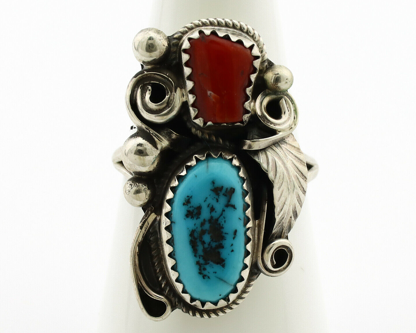 Navajo Ring .925 Silver Turquoise & Coral Artist Signed J Morris C.80's
