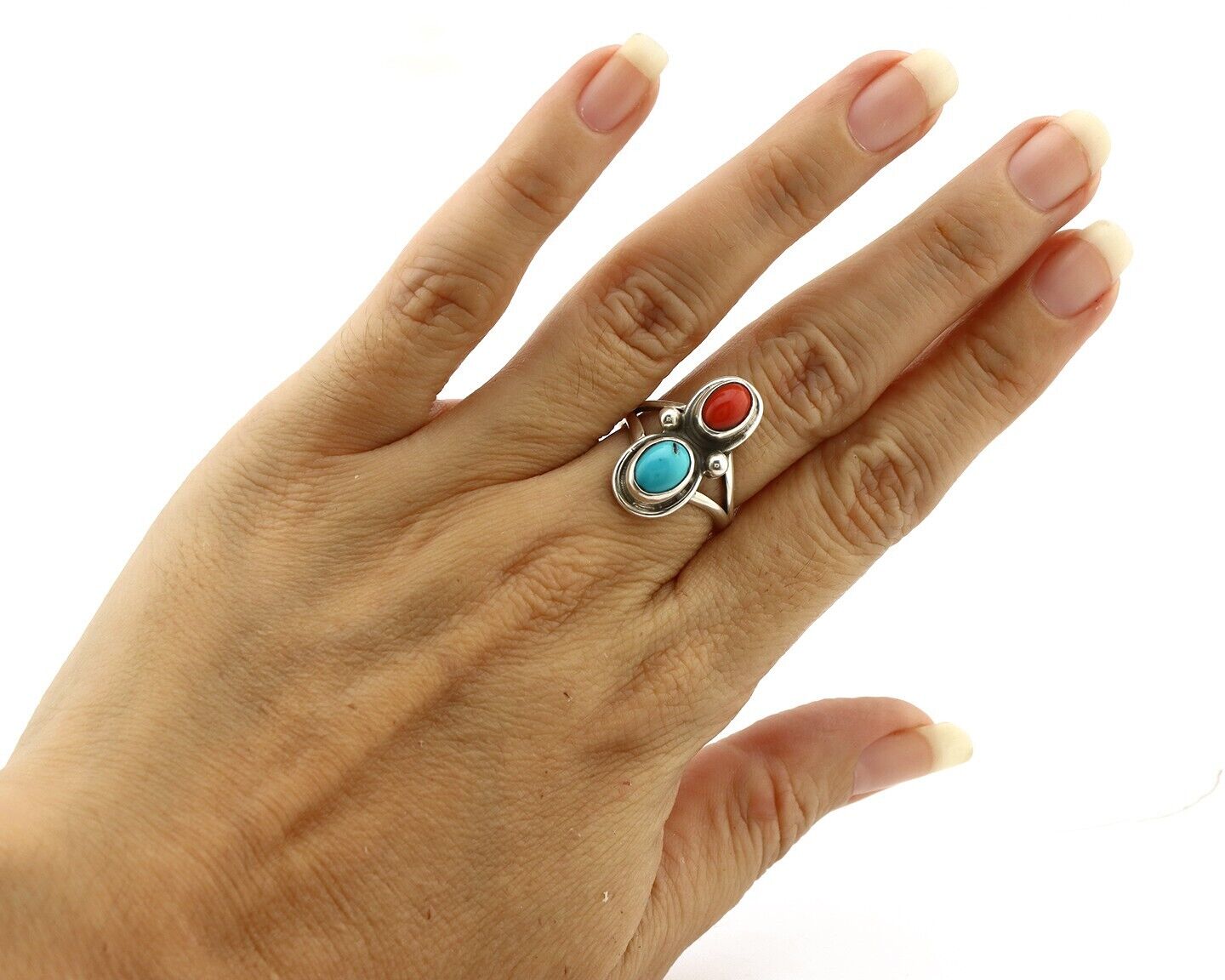 Navajo Handmade Ring 925 Silver Coral & Turquoise Native American Artist C.80's
