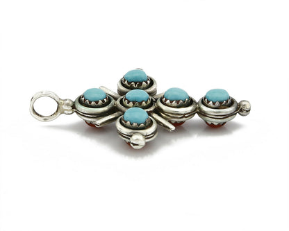 Zuni Natural Turquoise and Coral Reversible 925 Silver Handmade Pendant