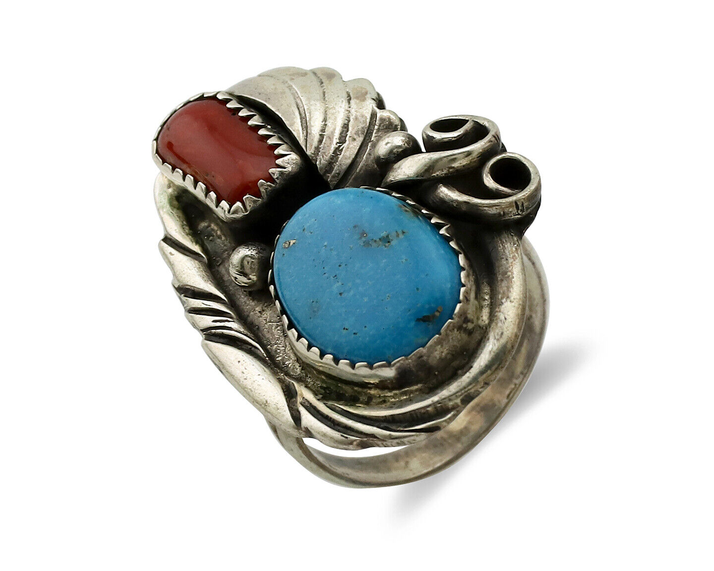 Navajo Ring 925 Silver Turquoise & Coral Artist Signed Native American C.80s