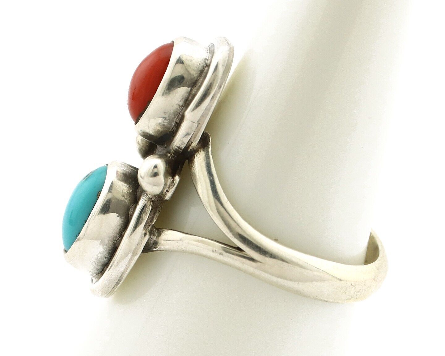 Navajo Handmade Ring 925 Silver Coral & Turquoise Native American Artist C.80's