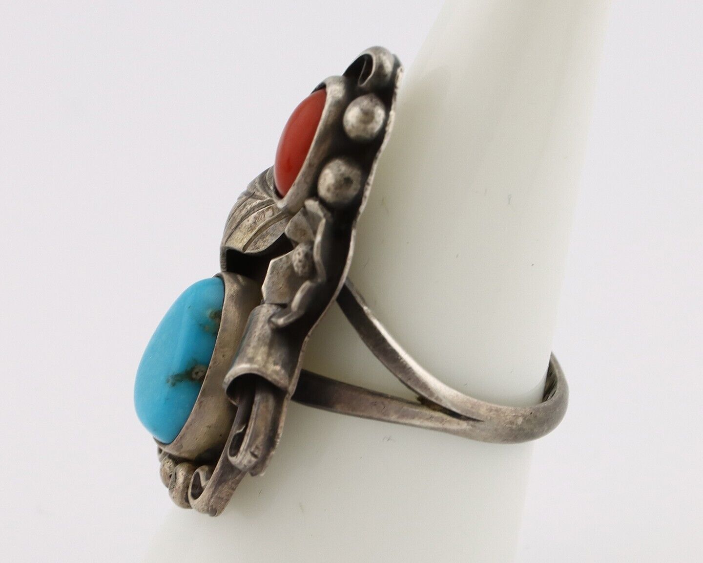 Navajo Handmade Ring 925 Silver Turquiose & Coral Artist Signed WJ C.80's