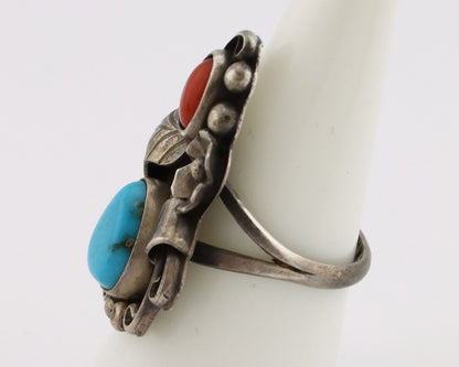 Navajo Handmade Ring 925 Silver Turquiose & Coral Artist Signed WJ C.80's