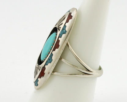 Navajo Ring 925 Silver Turquoise & Coral Signed Circle JW C.80s