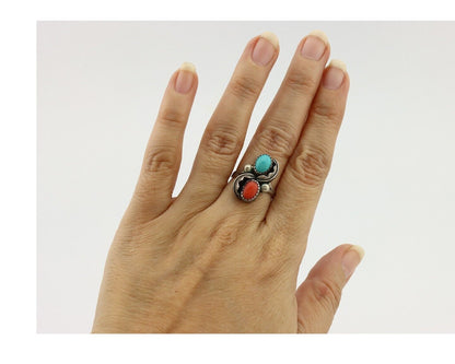 Navajo Handmade Ring 925 Silver Turquiose & Coral Native American Artist C.80's