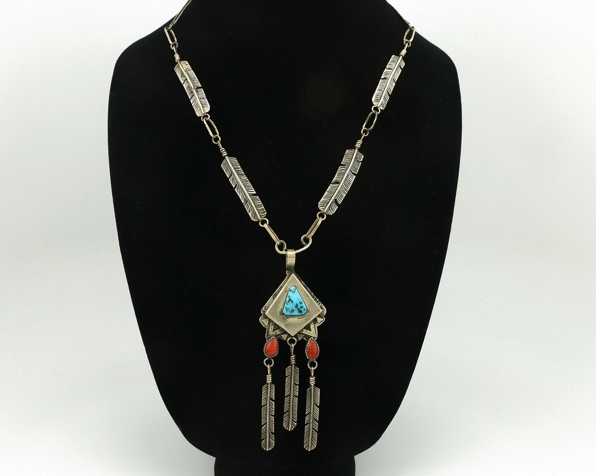 Navajo Necklace .925 Silver Red Coral & Turquoise Signed G C.1977