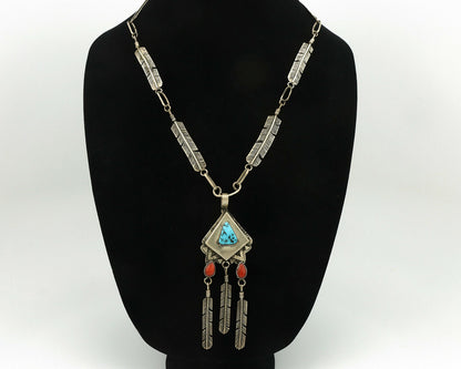 Navajo Necklace .925 Silver Red Coral & Turquoise Signed G C.1977