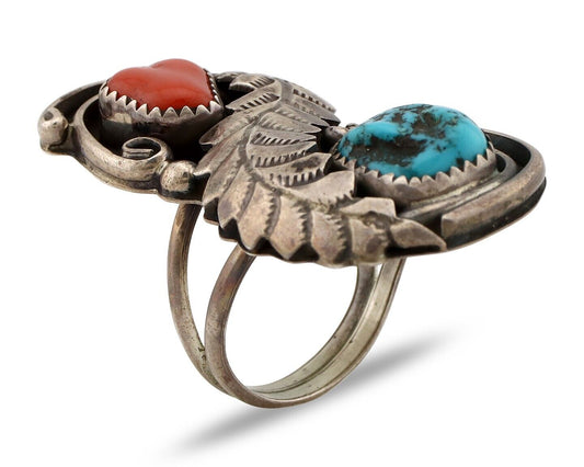 Navajo Ring 925 Silver Blue Turquiose & Coral Artist Signed Wes Craig C.80's
